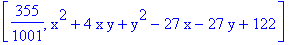 [355/1001, x^2+4*x*y+y^2-27*x-27*y+122]